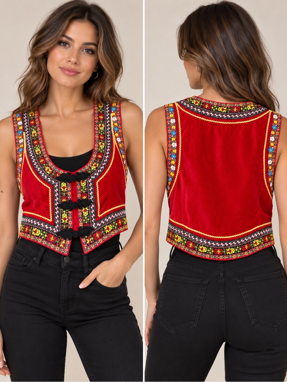 Embroidered Red Velvet Sleeveless Vest